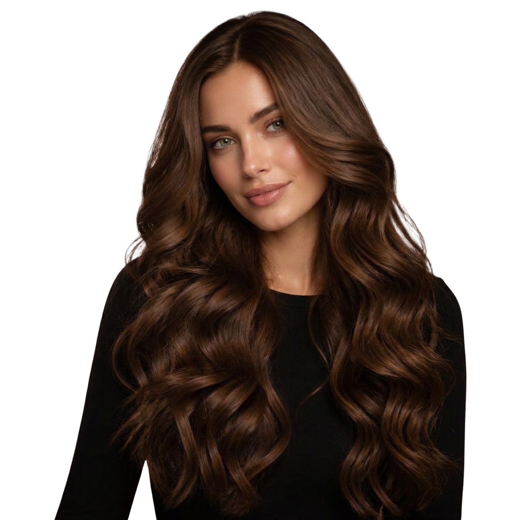 Model with long wavy hair styled at a Slott partner salon